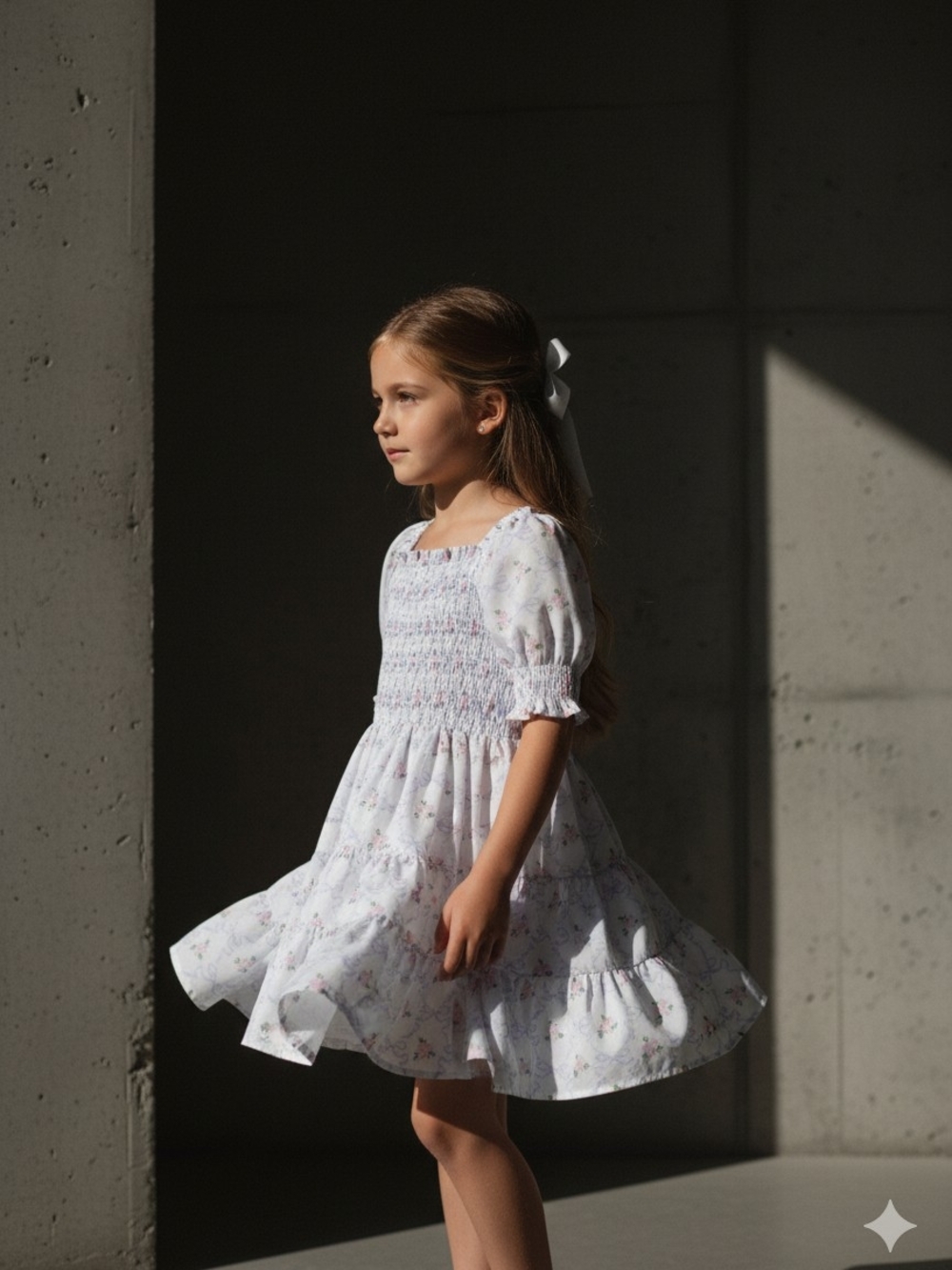 Girls White Floral Smocked Dress
